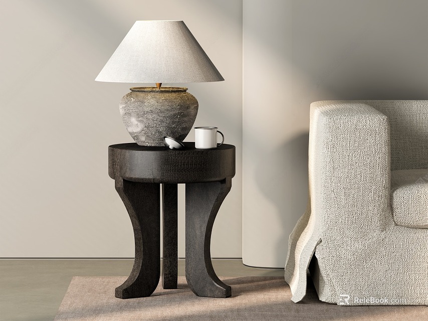 Modern Living Room Side Table With Stone Base Lamp And Mug Next To Beige Sofa 3d model 