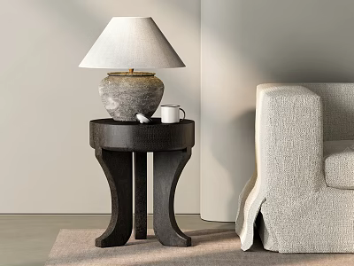 Modern Living Room Side Table With Stone Base Lamp And Mug Next To Beige Sofa 3d model