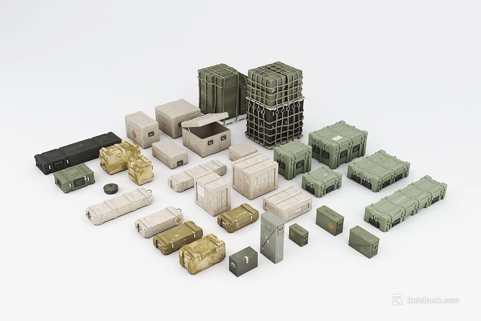 Weapon Storage Cases In Various Sizes And Colors For Military Equipment 3d model
