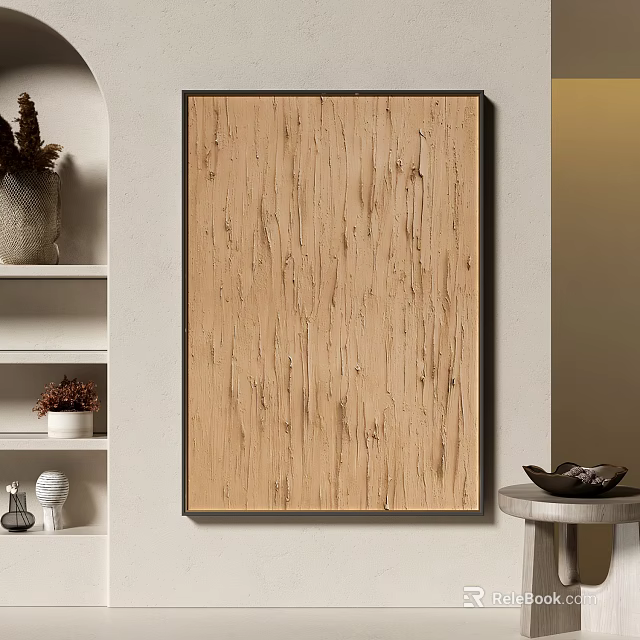 Wooden Texture Artwork On Wall With Decorative Shelf And Round Table 3d model