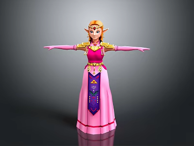 Princess Character Spreading Arms In Pink Gown With Golden Ornaments And Butterflies 3d model
