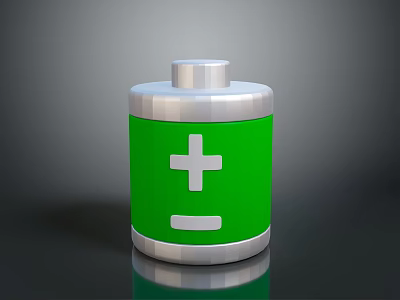 Green Cylinder Battery With White Plus Minus Signs Silver Top Bottom On Black Reflective Surface 3d model