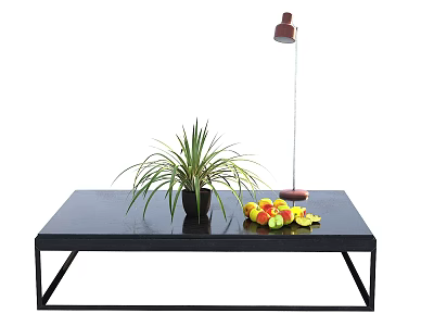 Modern Black Coffee Table With Metal Frame Potted Plant Bowl Of Fruits And Table Lamp 3d model