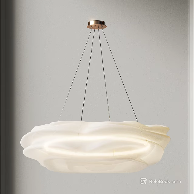 Modern White Cloud Like Chandelier With Wavy Frosted Glass And Metal Wires 3d model 