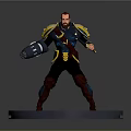 3D Game Movie Character Male Warrior With Mechanical Arm Golden Accent Armor And Weapon Standing Pose