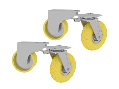 Two Heavy Duty Casters With Gray Brackets And Yellow Treaded Wheels 3d model