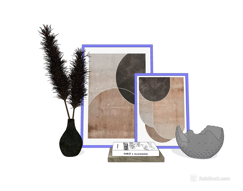 Elegant Decorative Ornament Combination With Framed Art Pampas Grass Vase Book And Sculpture 3d model 
