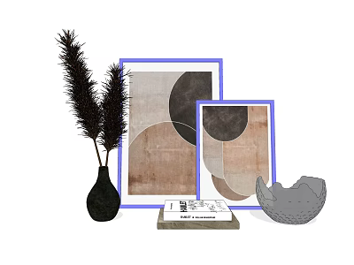 Elegant Decorative Ornament Combination With Framed Art Pampas Grass Vase Book And Sculpture 3d model