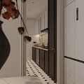 Modern Kitchen Interior With White And Black Cabinets Floral Backsplash And Stove
