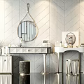 Elegant Modern Dressing Table With Round Mirror Marble Countertop Drawers Lighting And Decorative Stool