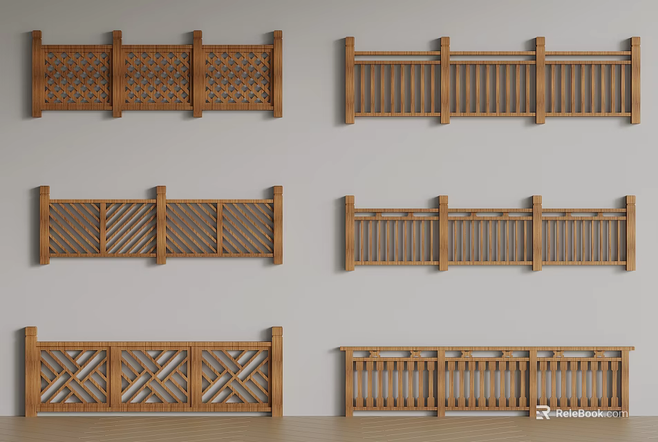 Various Wooden Railings With Different Design Patterns Showcased On White Background 3d model 