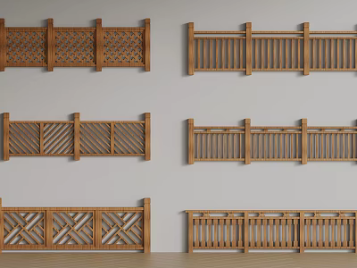 Various Wooden Railings With Different Design Patterns Showcased On White Background 3d model