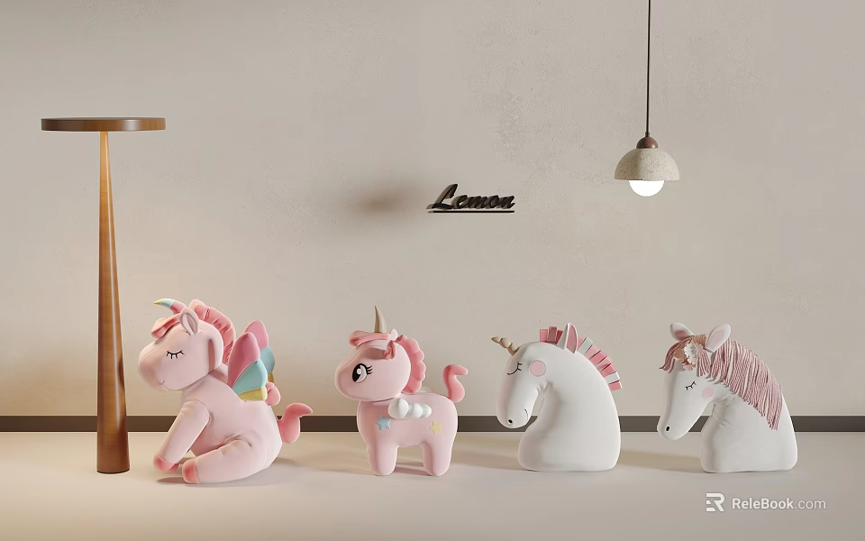 Cute Unicorn Plush Toys In Pink And White Colors Four Stuffed Figures 3d model 