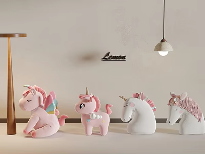 Cute Unicorn Plush Toys In Pink And White Colors Four Stuffed Figures 3d model