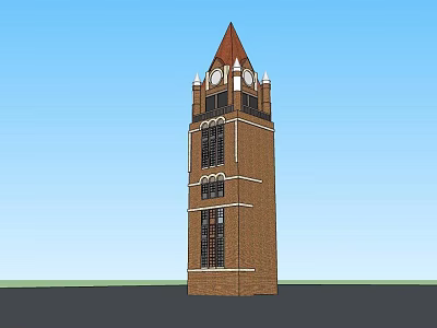 Classic Brick Tower Featuring Pointed Red Roof Clock Faces And Windows 3d model