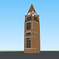 Classic Brick Tower Featuring Pointed Red Roof Clock Faces And Windows