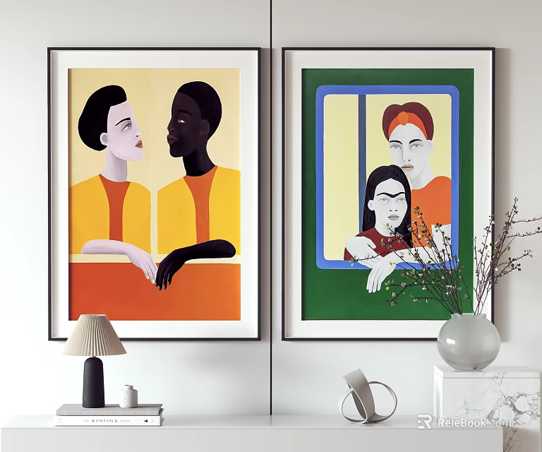 Colorful Figurative Portrait Paintings With Yellow Attire Red Headscarf Blue Frame And Decorative Vase 3d model 