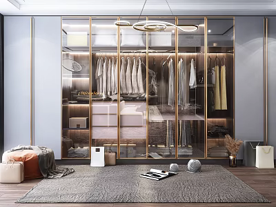 Sleek Modern Wardrobe Interior With Glass Doors Hanging Clothes And Lighting 3d model