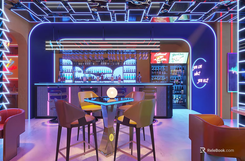 Elegant Modern Bar Interior With Neon Lights Bar Counter High Chairs And Wine Cabinets 3d model 
