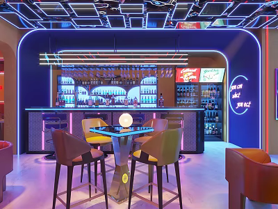 Elegant Modern Bar Interior With Neon Lights Bar Counter High Chairs And Wine Cabinets 3d model