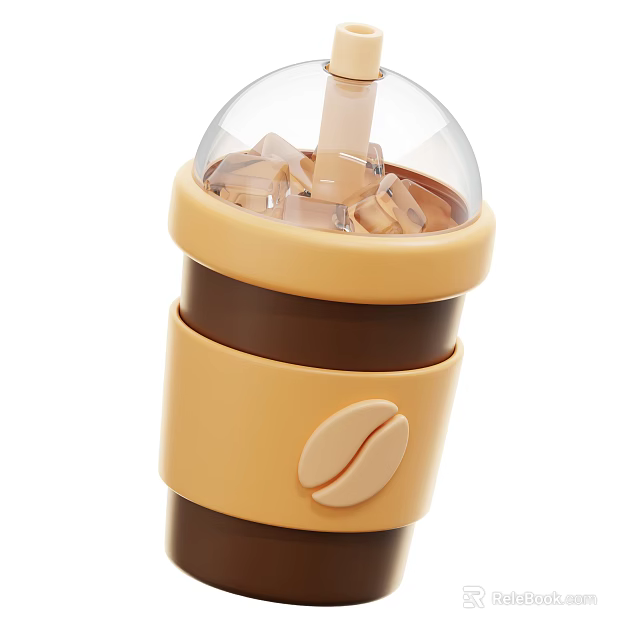 Decorative Ornament Set With Yellow Brown Coffee Cup Transparent Lid Ice Cubes And Coffee Bean Pattern 3d model 