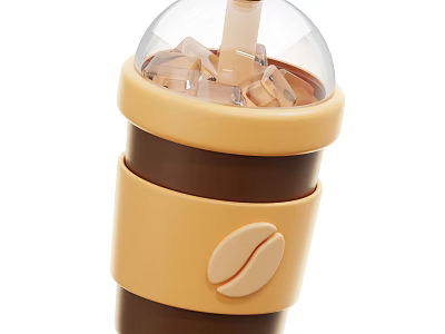 Decorative Ornament Set With Yellow Brown Coffee Cup Transparent Lid Ice Cubes And Coffee Bean Pattern 3d model