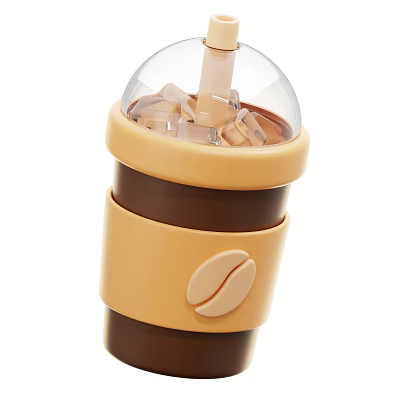 Decorative Ornament Set With Yellow Brown Coffee Cup Transparent Lid Ice Cubes And Coffee Bean Pattern 3d model