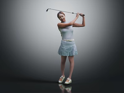 Woman Swinging Golf Club In Light Blue Sleeveless Top And Pleated Skirt With Sandals 3d model