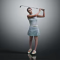 Woman Swinging Golf Club In Light Blue Sleeveless Top And Pleated Skirt With Sandals