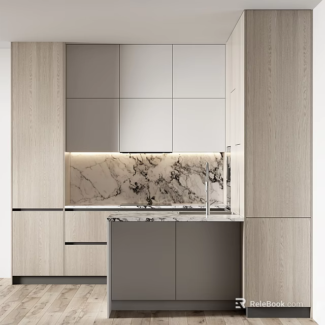 Modern Kitchen Interior With Light Wood Cabinets Marble Countertop And LED Strip Lighting 3d model 