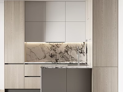 Modern Kitchen Interior With Light Wood Cabinets Marble Countertop And LED Strip Lighting 3d model