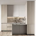 Modern Kitchen Interior With Light Wood Cabinets Marble Countertop And LED Strip Lighting