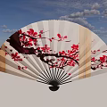 Decorative Ornament Set Featuring Traditional Chinese Fan With Red Plum Blossom And Golden Accents