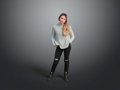 Woman In Light Blue Turtleneck Sweater Ripped Black Jeans And Black Boots On Gray Background 3d model