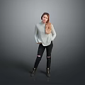 Woman In Light Blue Turtleneck Sweater Ripped Black Jeans And Black Boots On Gray Background