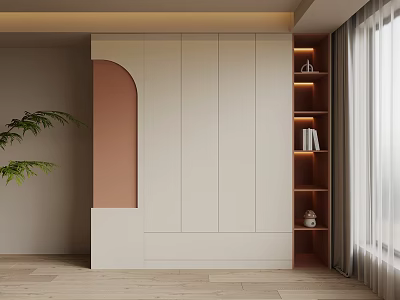 Modern Minimalist Wardrobe Interior Design With White Panels Pink Accent And Lit Shelves 3d model