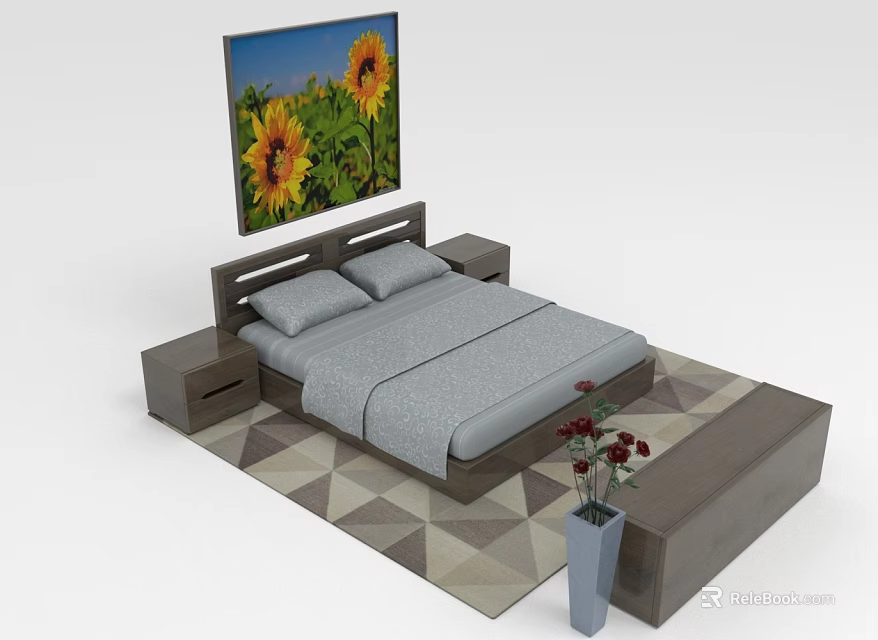 People In Cozy Bedroom With Double Bed Sunflower Painting And Floral Vase On Patterned Rug 3d model 