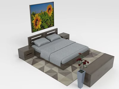 People In Cozy Bedroom With Double Bed Sunflower Painting And Floral Vase On Patterned Rug 3d model