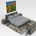 People In Cozy Bedroom With Double Bed Sunflower Painting And Floral Vase On Patterned Rug