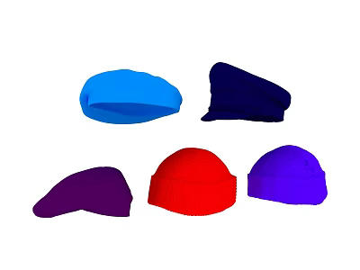 Colorful Beret and Beanie Hats in Blue Red Purple and Dark Blue 3d model