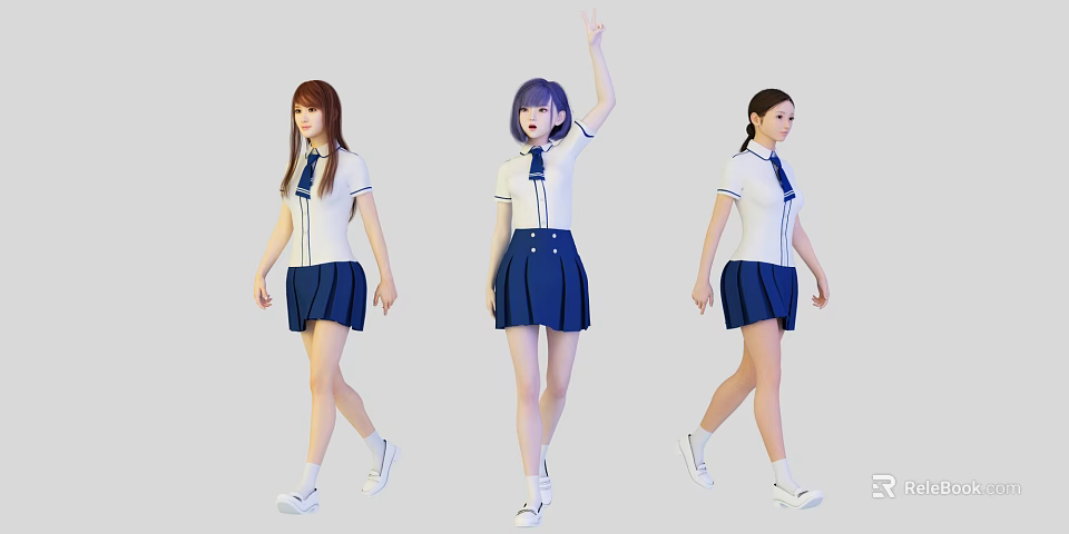 Women In School Uniforms With White Shirts And Blue Skirts Walking Raising Hand 3d model 