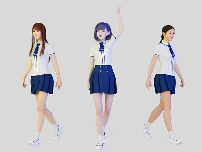 Women In School Uniforms With White Shirts And Blue Skirts Walking Raising Hand 3d model
