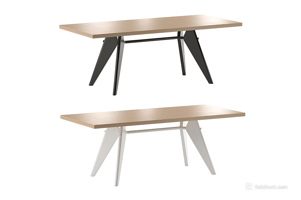 Modern Dining Table With Wooden Top And Black White Metal Legs Design 3d model 