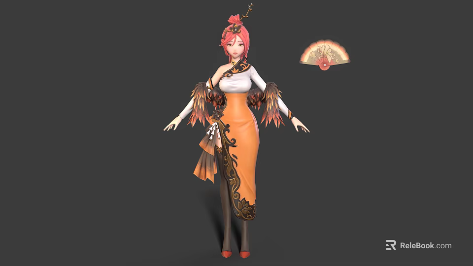 Fantasy Character With Pink Hair Feathered Wing Decorations Orange White Outfit And Fan 3d model 