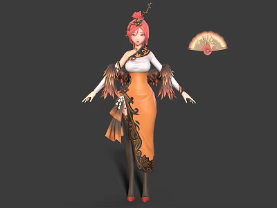 Fantasy Character With Pink Hair Feathered Wing Decorations Orange White Outfit And Fan 3d model
