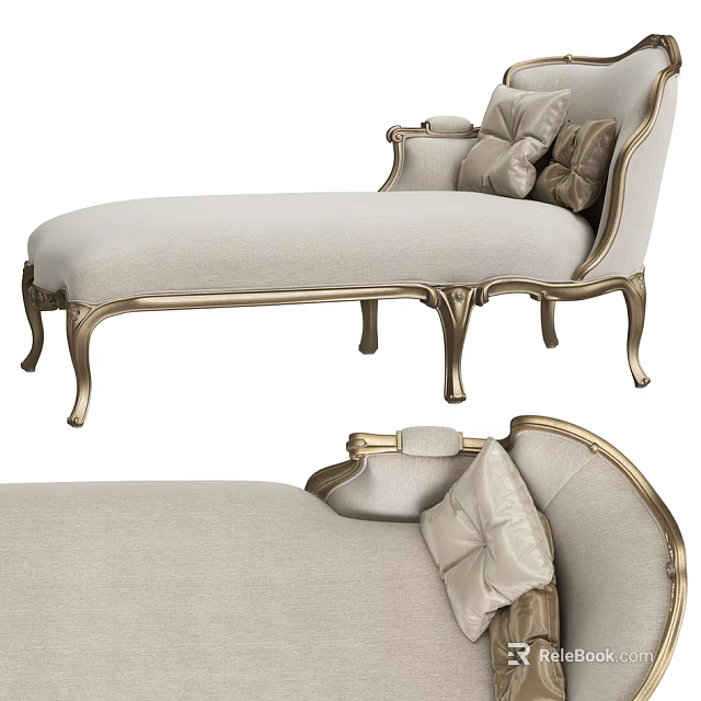 Classic Beige Chaise Lounge With Gold Carved Frame And Decorative Pillows 3d model 