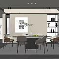 Modern Restaurant Interior with Round Dining Table Chairs Decorative Artwork Marble Wall and Bookshelf