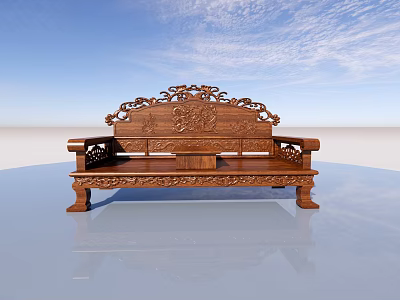 Chinese Style Wooden Sofa Bench With Intricate Carvings And Traditional Design 3d model