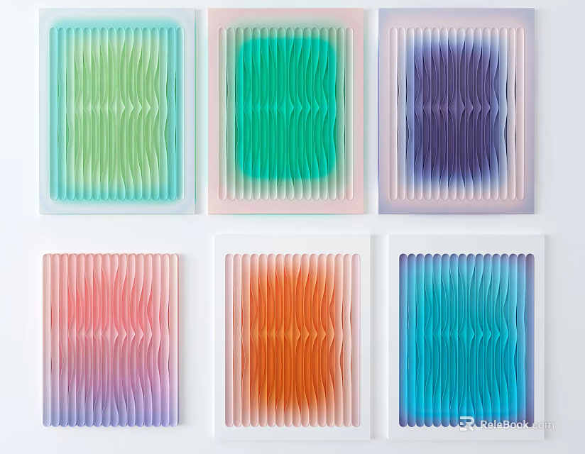 Modern Colorful Wavy Texture Wall Art Set with Green Blue Purple Pink Orange Tones 3d model 