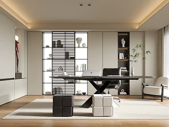 Modern Study Desk Chair Bookcase Casual Chair 3d model